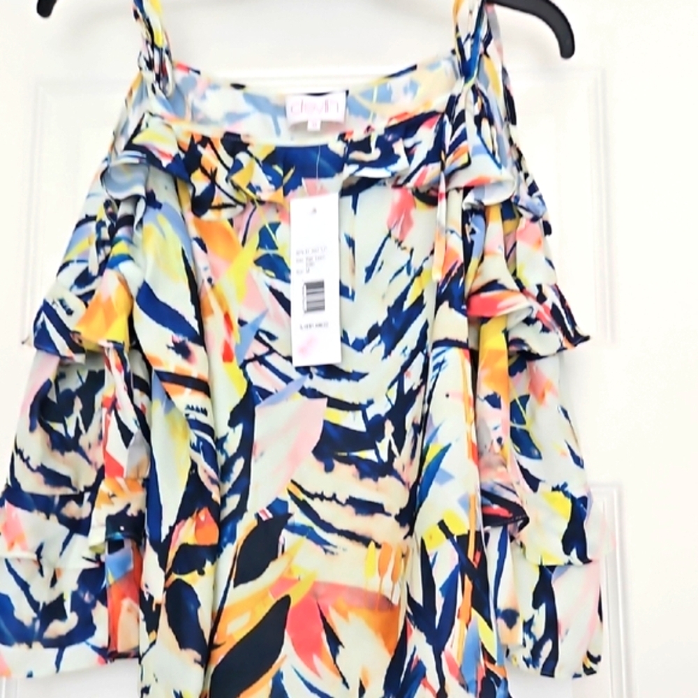 Devlin  Blue and Pink Asymmetrical Ruffled Blouse